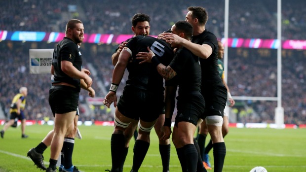 Jerome Kaino celebrates after scoring a try against the Springboks during Sunday morning's thrilling World Cup semifinal win over the Springboks