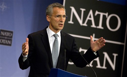 NATO Secretary General Jens Stoltenberg speaks during a media conference at NATO headquarters in Brussels on Thursday Oct. 8 2015. NATO defense ministers meet Thursday to consider the implications of recent Russian military actions in Syria as well