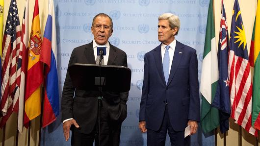 Russian Foreign Minister Sergei Lavrov speaks during a news conference with United States Secretary of State John Kerry at the United Nations headquarters in New York