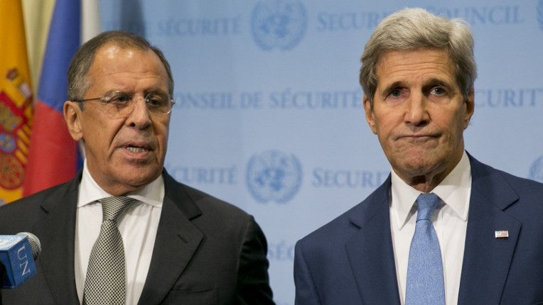 United States Secretary of State John Kerry and Russian Foreign Minister Sergey Lavrov speak to the media after a meeting concerning Syria at the United Nations headquarters in New York