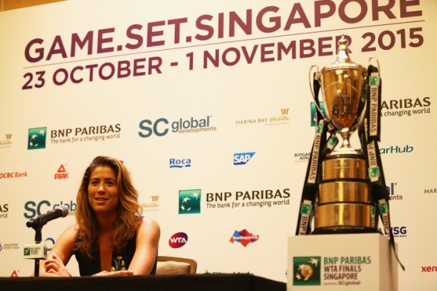 SINGAPORE- OCTOBER 24 Garbine Muguruza of Spain talks to the media during previews for the WTA Finals at the Sands Expo and Convention Centre