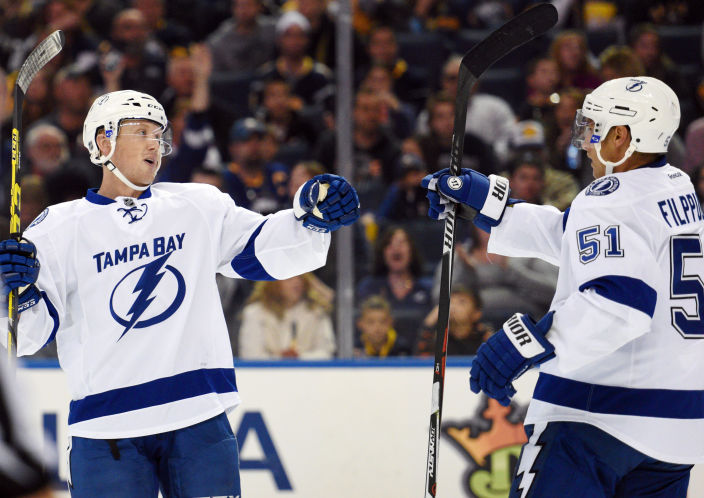 Tampa Bay Lightning right winger Erik Condra right celebrates his goal with center Valtteri Filppula during second period action of an NHL hockey game against the Buffalo Sabres Saturday Oct. 10 2015 in Buffalo N.Y. NYG