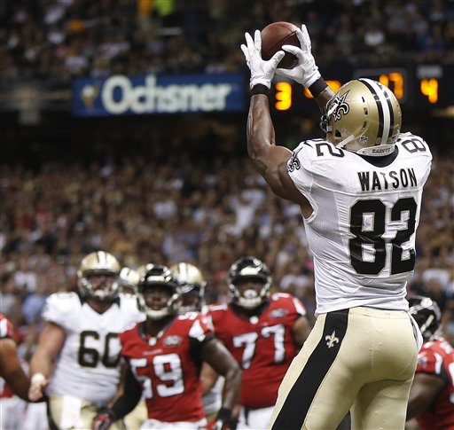 New Orleans Saints tight end Benjamin Watson makes a touchdown catch against the Atlanta Falcons during the second half of an NFL football game Thursday Oct. 15 2015 in New Orleans