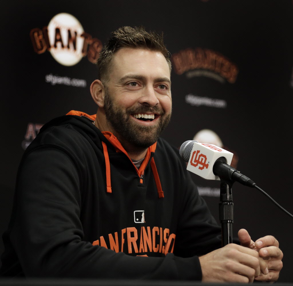 San Francisco Giants pitcher Jeremy Affeldt smiles during a media conference Thursday Oct. 1 2015 in San Francisco. Affeldt who has played 14 seasons in the Majors including the last seven with the Giants has announced he will retire following the 2