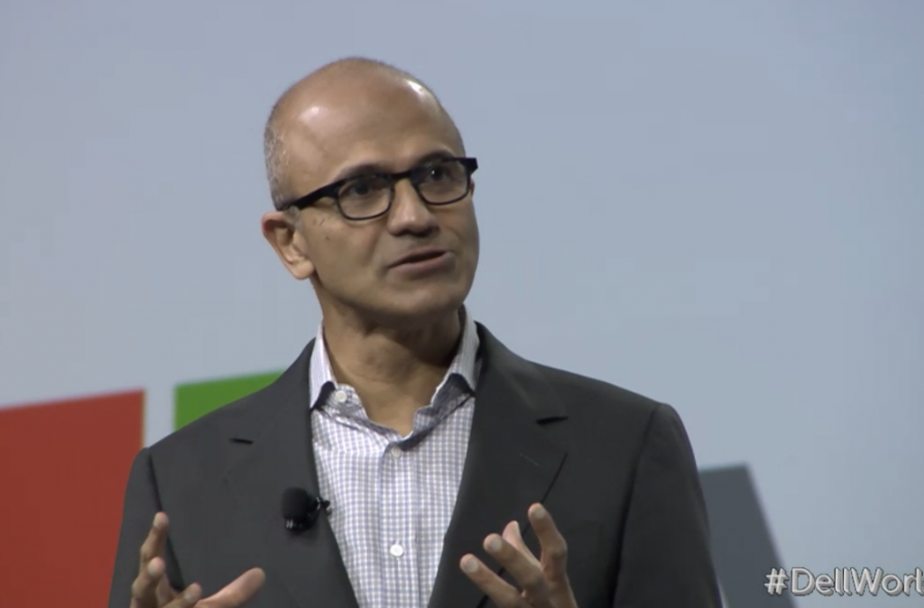 Screenshot  DellMicrosoft CEO Satya Nadella on stage at Dell World 2015