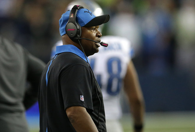 Detroit Lions head coach Jim Caldwell reacts from the sideline as officials ruled a touchback on a fumble by Lions wide receiver Calvin Johnson that went out of bounds in the end zone late in the fourth quarter of an NFL football game against the Seattle