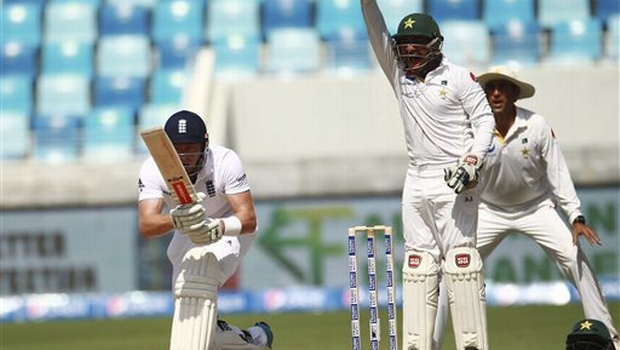 Pakistan wicket keeper Sarfraz Ahmed appeals against England batsman Jonny Bairstow for lbw from Yasir Shah of Pakistan during their test match at the Dubai International Stadium in Dubai United Arab Emirates. |AP