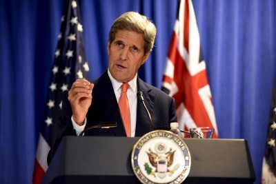 Secretary of State John F. Kerry answers questions in Boston