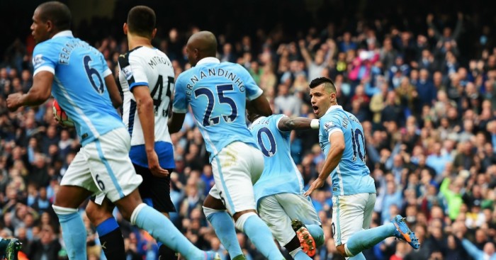 Sergio Aguero Celebrates his first of five goals against Newcastle