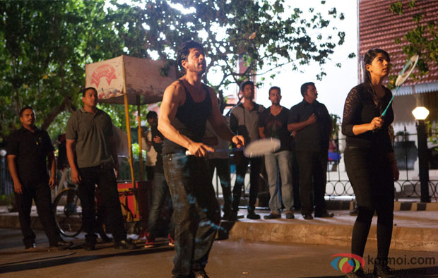 Shah Rukh Khan playing Badminton on the sets of'Dilwale