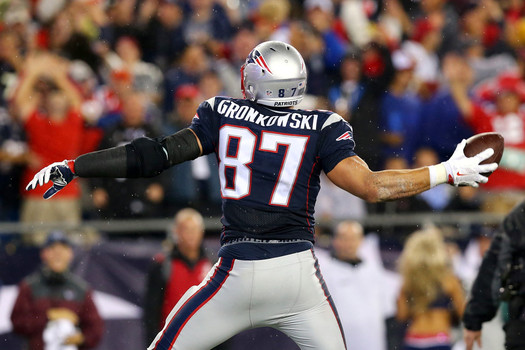 Rob Gronkowski #87 of the New England Patriots celebrates after a touchdown against the Pittsburgh Steelers at Gillette Stadium