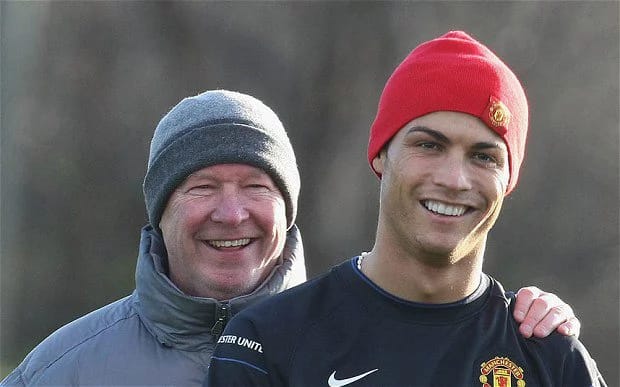 Sir Alex Ferguson and Cristiano Ronaldo in a traning session during the latter's tenure at Manchester United