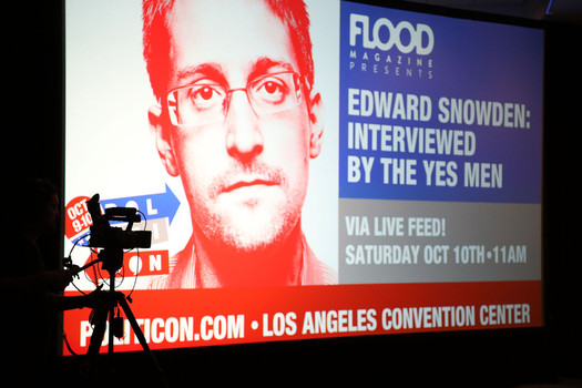 Interior view prior to a live video feed interview with Edward Snowden during Politicon at the Los Angeles Convention Center