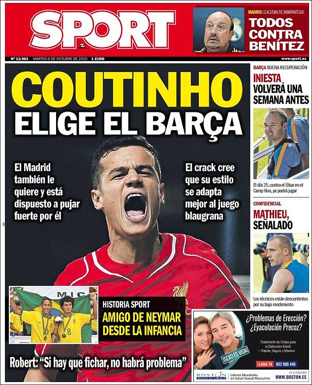 Sport claim Philippe Coutinho will choose Barcelona over Real Madrid and could leave Liverpool in January