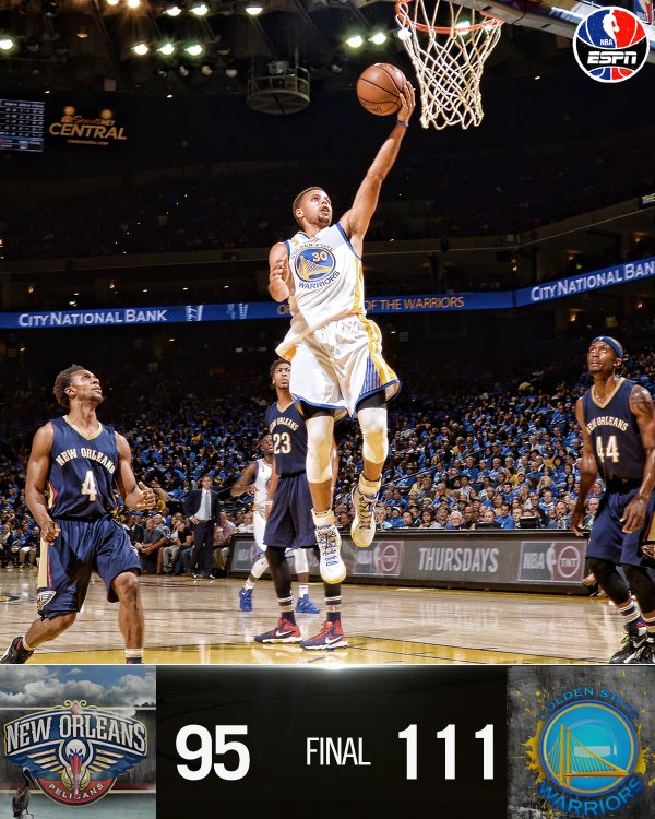 Stephen Curry with the Warriors takes lead on NBA season 2015-16's opening night with 111-95 over Pelicans. Image from ESPN Twitter account