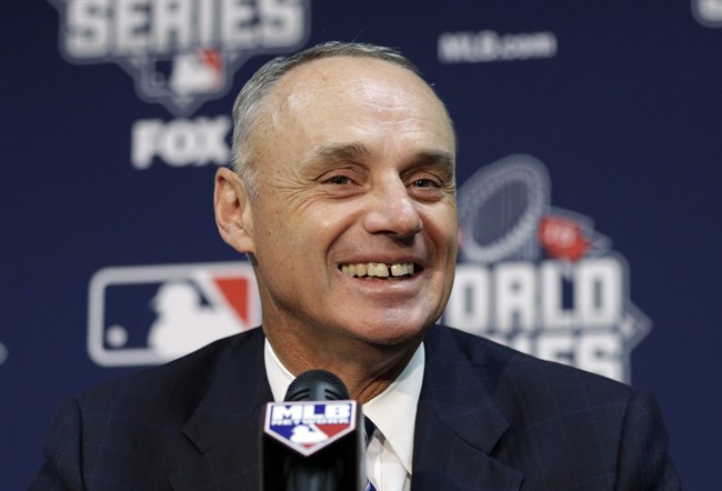 Baseball Commissioner Robert D. Manfred Jr. talks during media day for the Major League Baseball World Series between the Kansas City Royals and the New York Mets Monday Oct. 26 2015 in Kansas City Mo