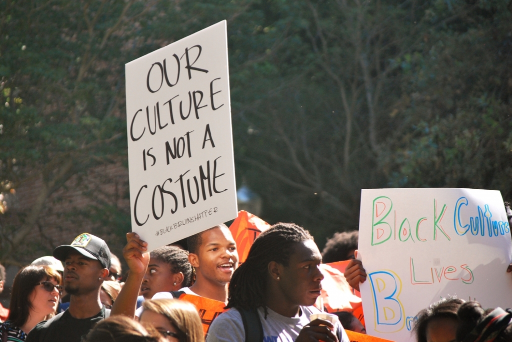 Students gather outside of Kerckhoff Hall for a protest after a'Kanye Western-themed party at Sigma Phi Epsilon