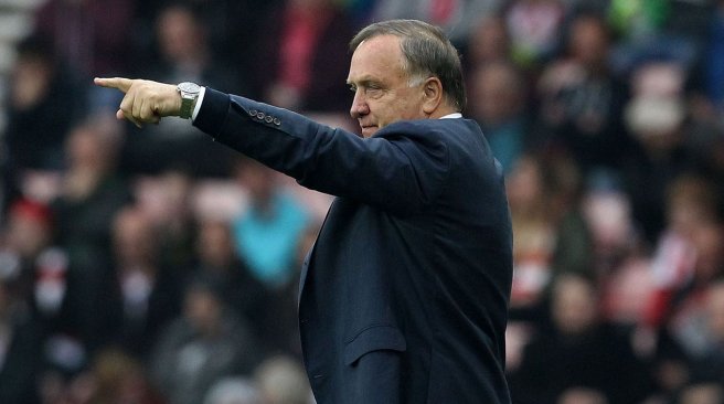 Sunderland manager Dick Advocaat gestures from the touchline during the English Premier League football match between Sunderland and West Ham United at the Stadium of Light in Sunderland north east England