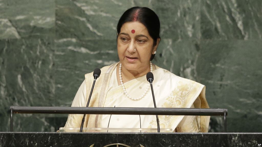 Sushma Swaraj India's minister of external affairs speaks during the 70th session of the U.N. General Assembly in New York Oct. 1 2015