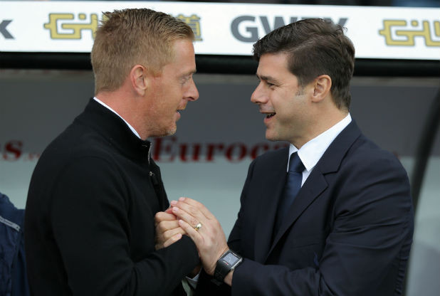 Swansea manager Garry Monk greets Tottenham Hotspur manager Mauricio Pochettino before the match at the Liberty