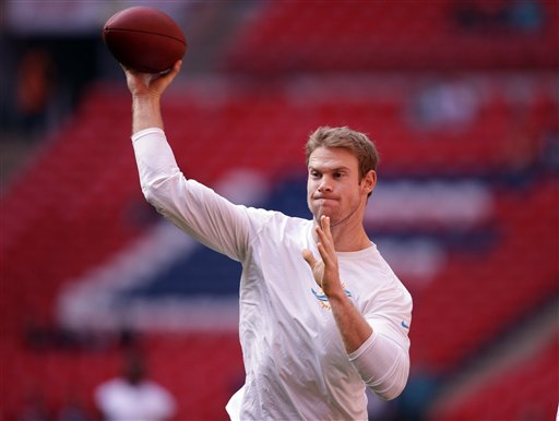 Miami Dolphins quarterback Ryan Tannehill passes a ball as he warms-up before the NFL football game between the New York Jets and the Miami Dolphins and at Wembley stadium in London Sunday Oct. 4 2015