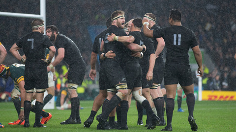 The All Blacks celebrate at the final whistle after beating South Africa in their Rugby World Cup semifinal clash