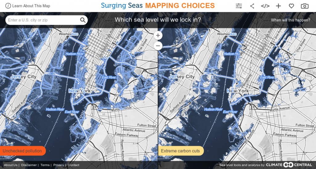 The Climate Central map shows where the city will be covered in water