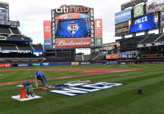 The NLCS logo is painted at Citi Field