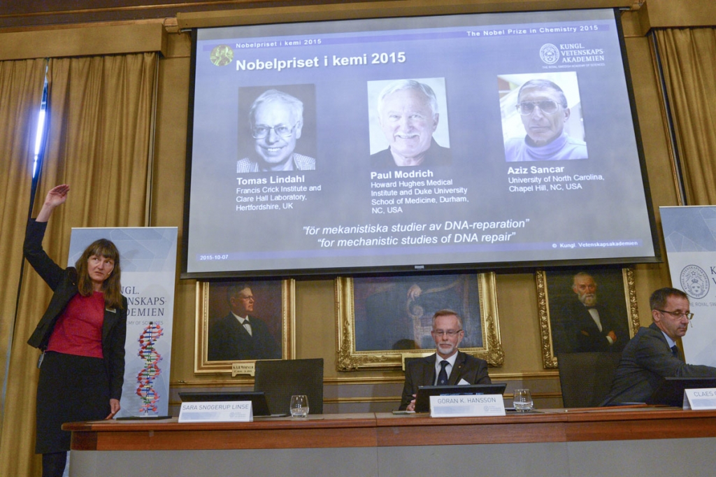 The Nobel judges awarded the Nobel chemistry prize to Tomas Lindahl Paul Modrich and Aziz Sancar