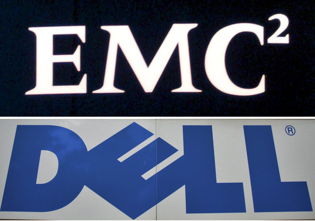 The logos of EMC Corp. Dell