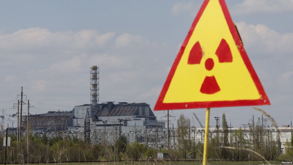 The sarcophagus covering the damaged fourth reactor at the Chornobyl nuclear power plant