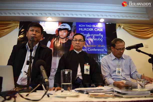 Migrant rights activist Htoo Chit lawyer Aung Myo Thant and investigation team member Kyaw Htaung at a press conference on Thursday