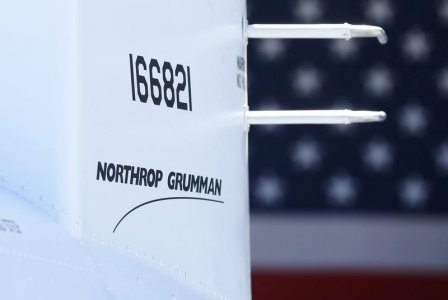 The corporate logo of Northrop Grumman is shown on a Fire Scout MQ-8 B unmanned helicopter during a ceremony at Naval Air Station North Island in Coronado California