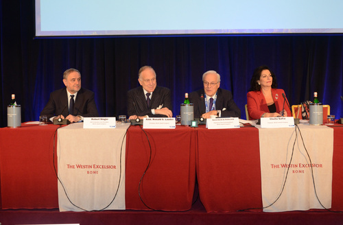 From left World Jewish Congress CEO Robert Singer President Ronald Lauder Governing Board Chairman David de Rothschild and WJC Treasurer Chella Safra at the annual Governing Board meeting in Rome