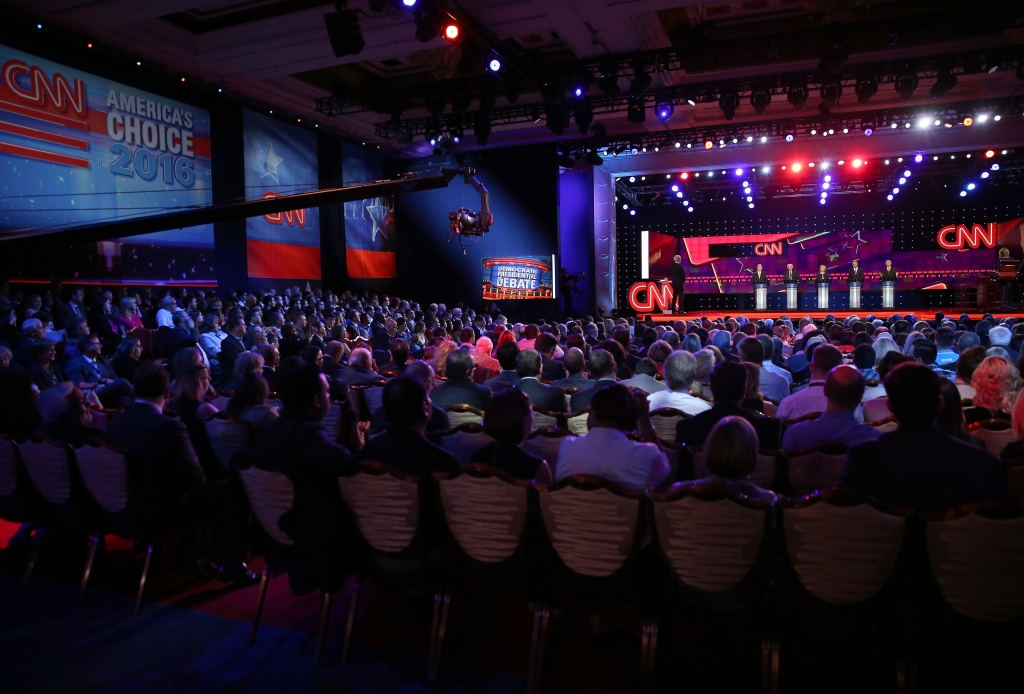 CNN anchor Anderson Cooper moderates a presidential debate sponsored by CNN and Facebook for Democratic presidential candidates Jim Webb Bernie Sanders Hillary Clinton Martin O'Malley and Lincoln Chafee at Wynn Las Vegas on Oct. 13 2015. (Joe Raedle G