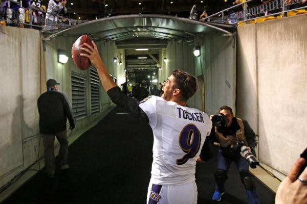 Baltimore Ravens kicker Justin Tucker celebrates