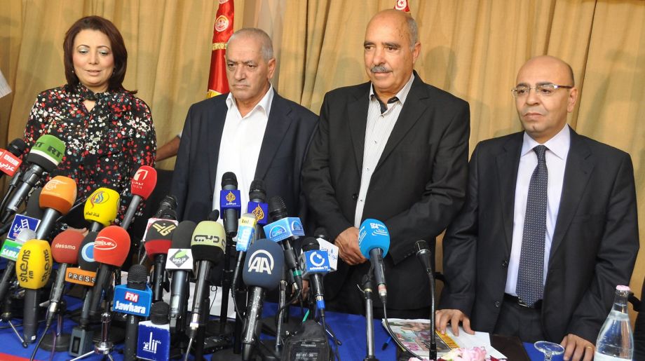 Representatives of the Tunisian National Dialogue Quartet attend a press conference on Nobel Peace Prize on Oct. 9 2015 in Tunis Tunisia. The Tunisian National Dialogue Quartet won the 2015 Nobel Peace Prize on Friday for'its decisive contribution to