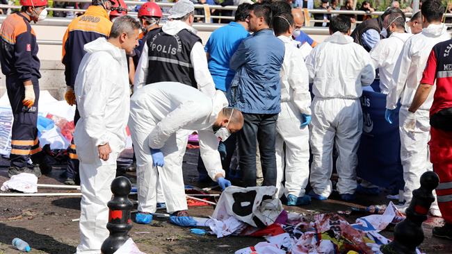 Members of a police forensic team gather evidence at the site of twin explosions outside the main train station in Turkey's capital Ankara