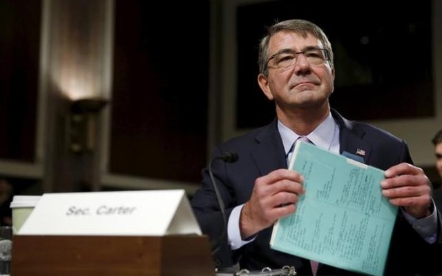 United States Secretary of Defense Ash Carter prepares to testify at a Senate Armed Forces Committee hearing on''United States Strategy in the Middle East' in Washingt