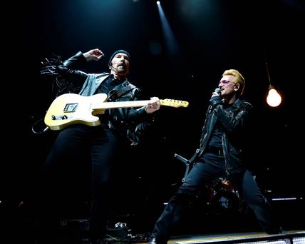 The Edge and Bono perform onstage during U2's'iNNOCENCE + eXPERIENCE tour at Madison Square Garden