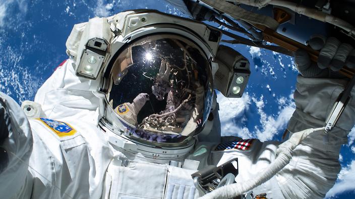 US NASA astronaut Barry Wilmore operating outside the International Space Station in February 2015