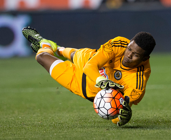 PHILADELPHIA PA- SEPTEMBER 30 Andre Blake #1 of the Philadelphia Union makes a diving save in the first half of the 2015 U.S. Open Cup Final against Sporting Kansas City