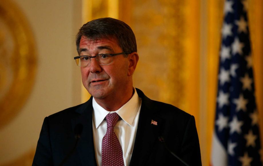 U.S. Secretary of Defense Ashton Carter speaks during a press conference held with Britain's Secretary of State for Defence Michael Fallon at Lancaster house in London Friday Oct. 9 2015