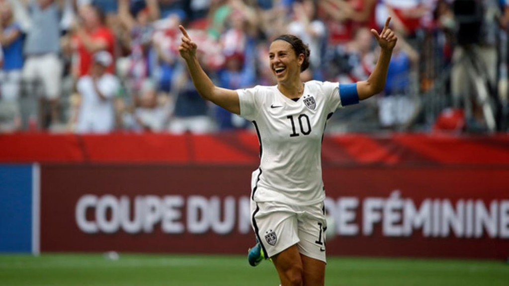 United States Carli Lloyd celebrates after scoring her third goal against Japan during the first half of the FIFA Womens World Cup soccer championship in Vancouver