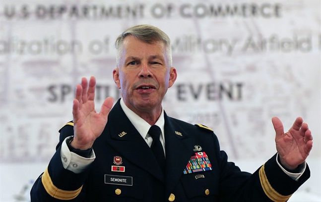 Major General Todd Semonite Comanding General of Combined Security Transition Command- Afghanistan talks during an investment meeting on Afghanistan's military airfields on Wednesday Sept. 30 2015 in Dubai United Arab Emirates. Afghan and U.S. offic