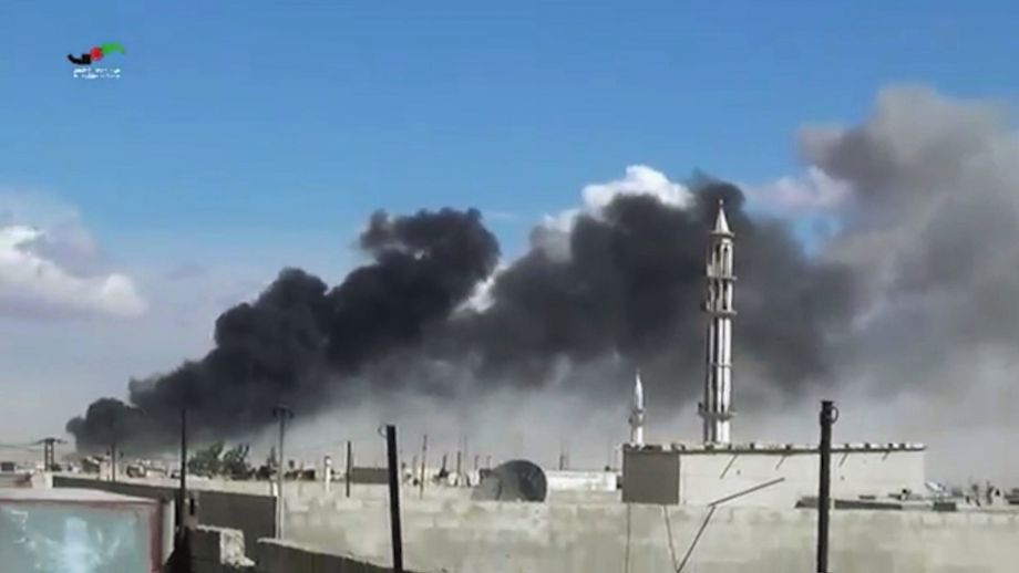 In this image made from video provided by Homs Media Centre which has been verified and is consistent with other AP reporting smoke rises after airstrikes by military jets in Talbiseh of the Homs province western Syria Wednesday Sept. 30 2015. Russi