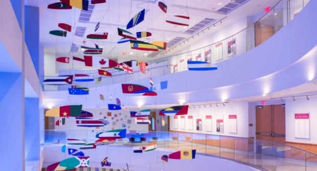 International flags in lobby of Alter Hall