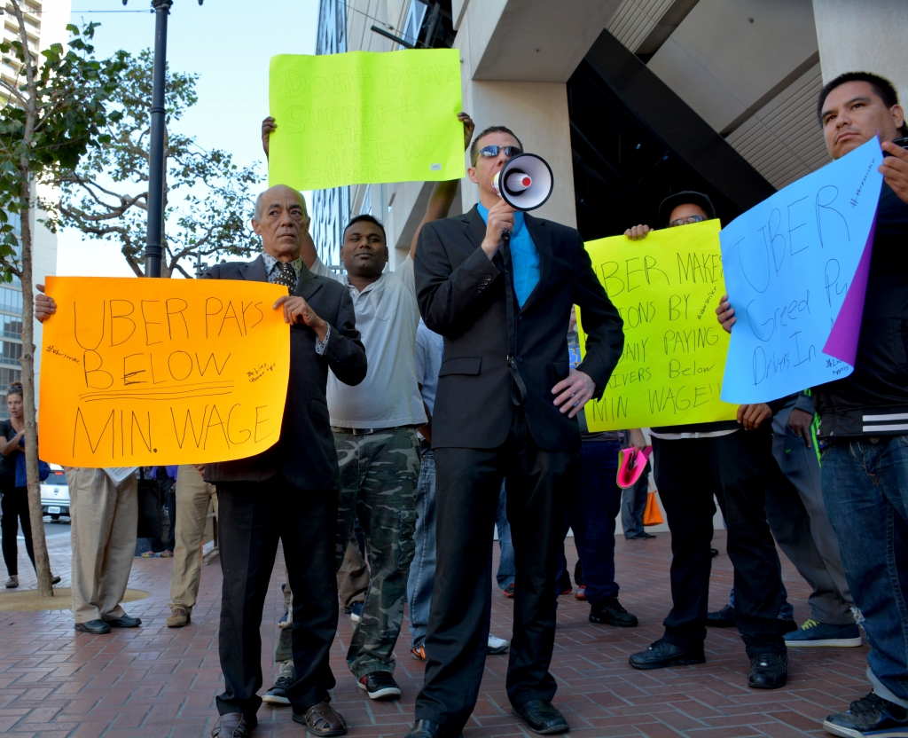 Uber Drivers protest outside of Uber Headquarters in San Francisco on Friday October 16 2015