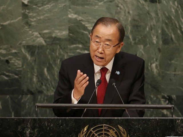 United Nations Secretary General Ban Ki-moon addresses attendees during the 70th session of the United Nations General Assembly at the U.N. Headquarters in New York