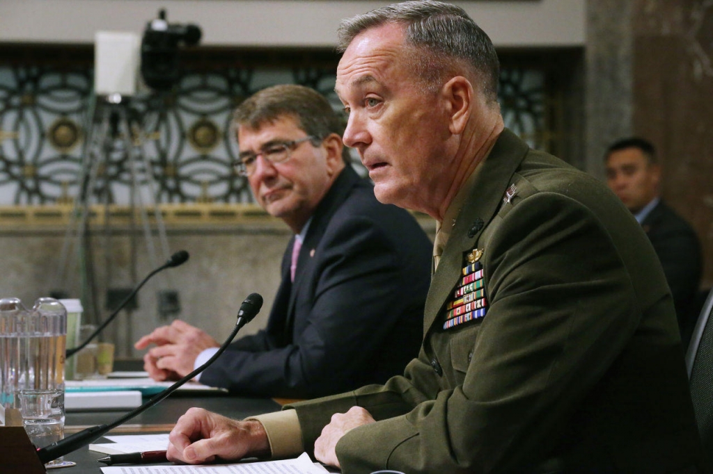 Defense Secretary Ashton Carter and Joint Chiefs of Staff Chairman Gen. Joseph Dunford Jr. testify before the Senate Armed Services Committee about the U.S. military strategy in the Middle East in the Dirksen Senate Office Building on Capitol Hill